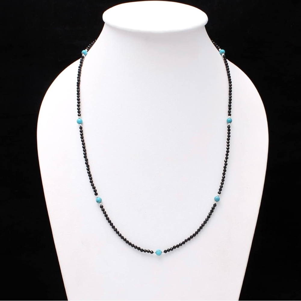 Black Spinel And Turquoise 925 Sterling Silver Necklace With Adjustable Chain